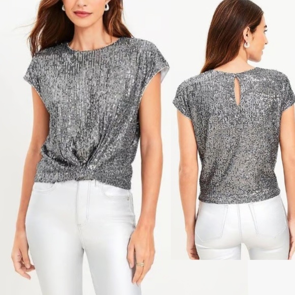 Ann Taylor LOFT Silver Gray Sequin Stretch Cap Sleeve Crop Holiday Blouse Size L - Picture 1 of 17